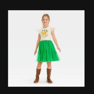 Girls Pokemon Pikachu & Eevee GOOD LUCK BUDDIES Dress - Green Tulle -